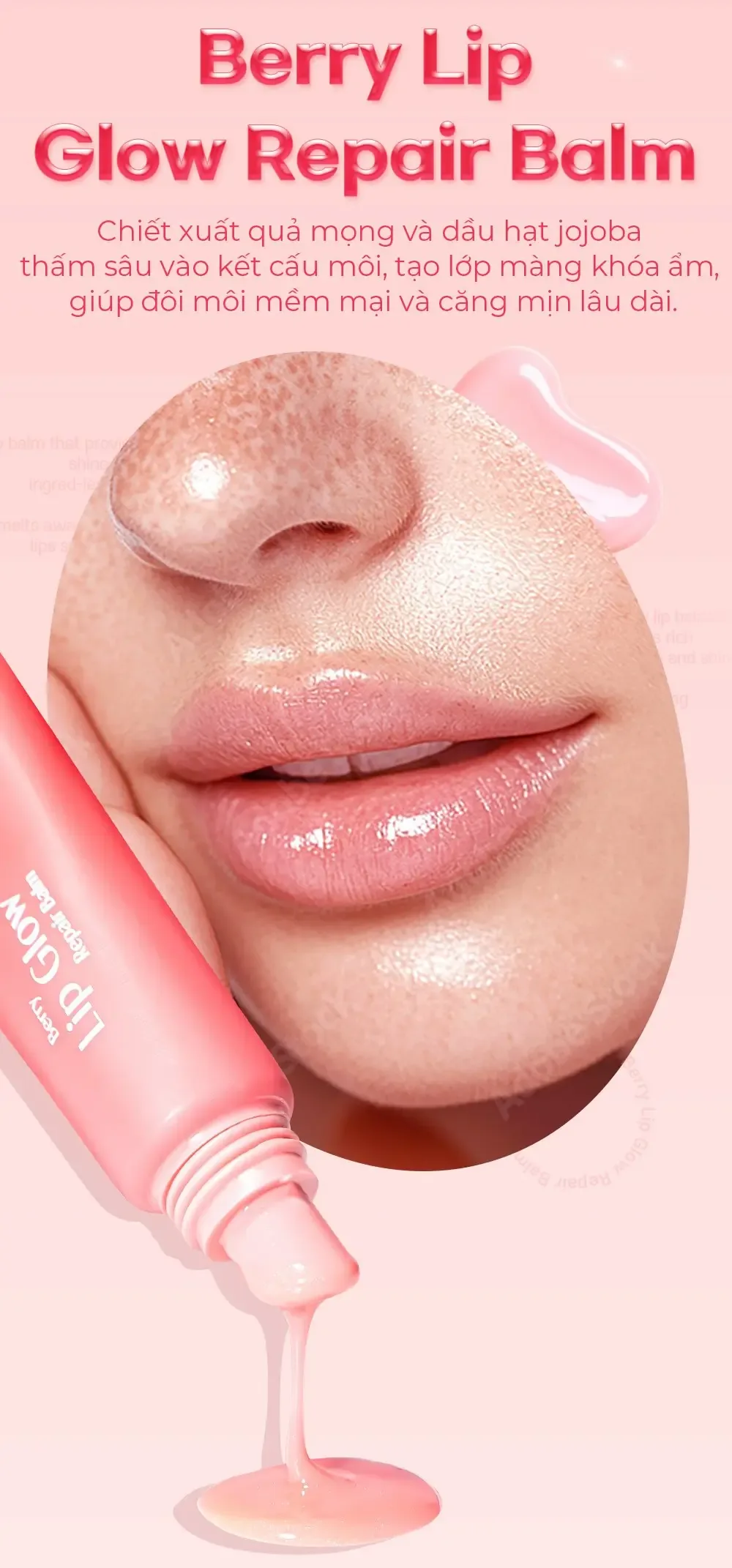 Cận cảnh đôi môi bóng mịn sau khi thoa Carenel Berry Lip Glow Repair Balm, bên cạnh tuýp son hồng đang chảy gel