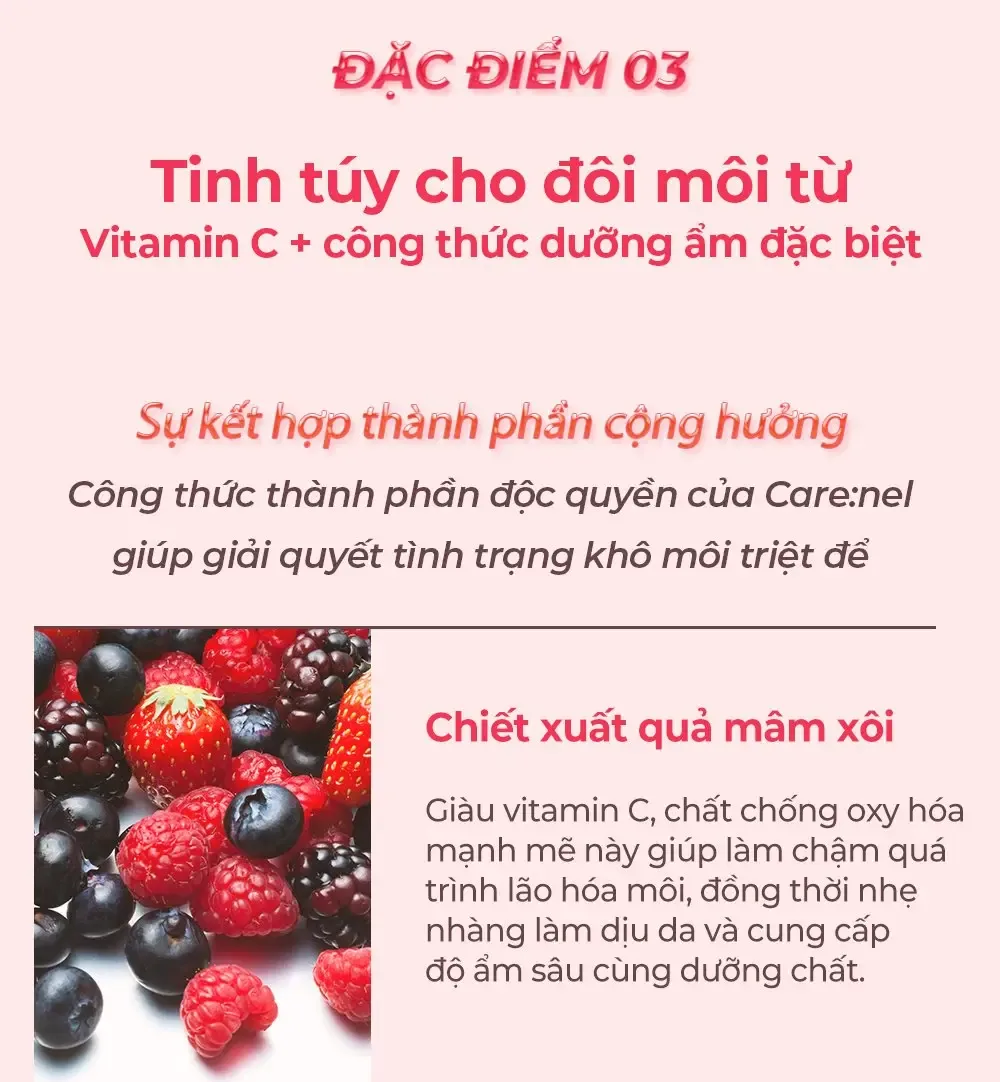 Chiết xuất quả mâm xôi giàu vitamin C trong son dưỡng, minh họa bằng mâm xôi, việt quất và dâu tây tươi