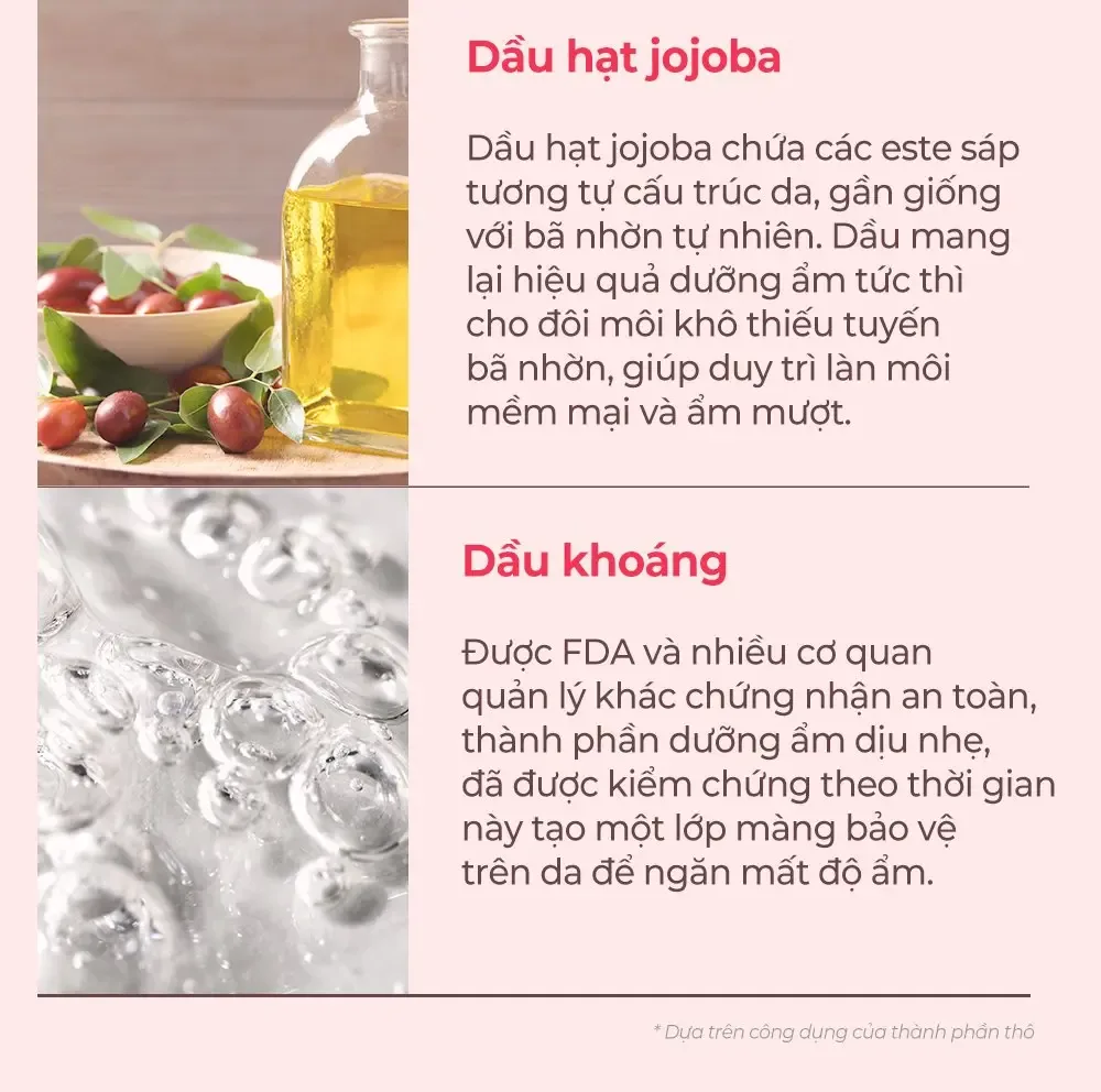 Dầu jojoba và dầu khoáng trong công thức son dưỡng: chai dầu cạnh quả jojoba và những bọt dầu khoáng trong suốt