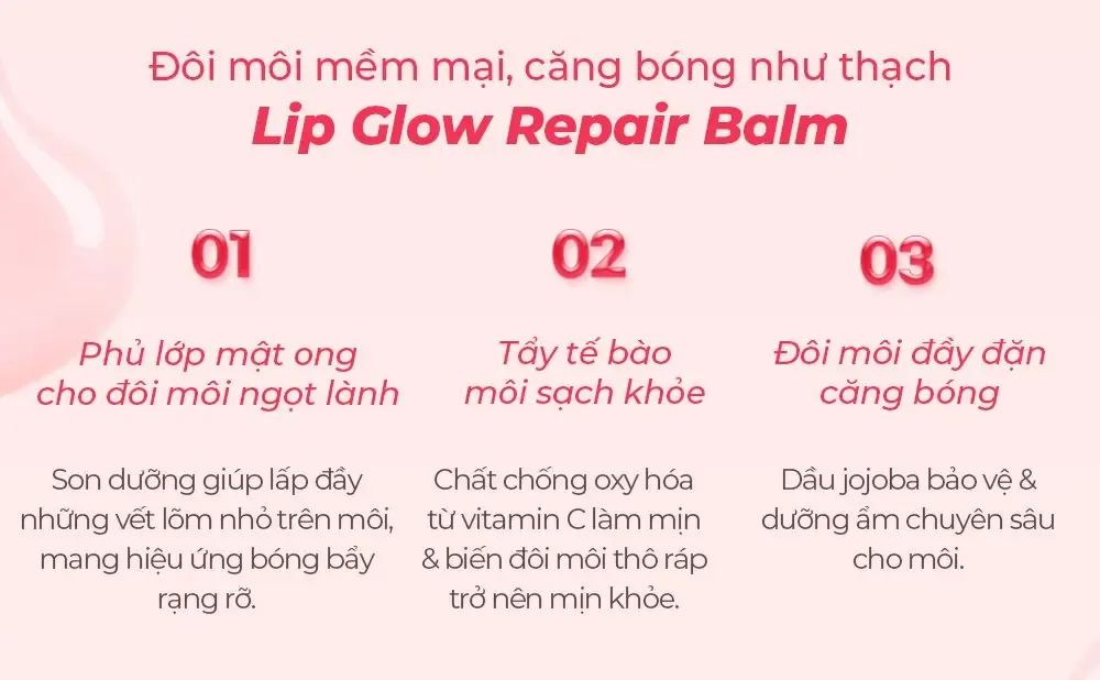 Infographic lợi ích son dưỡng môi Carenel Berry Lip Glow Repair Balm: phủ lớp bóng, tẩy tế bào môi và dưỡng ẩm chuyên sâu