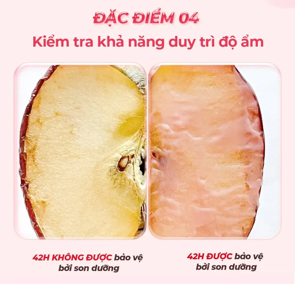 Thử nghiệm giữ ẩm 42 giờ trên lát táo: bên trái không được bảo vệ bị khô, bên phải phủ son dưỡng vẫn ẩm