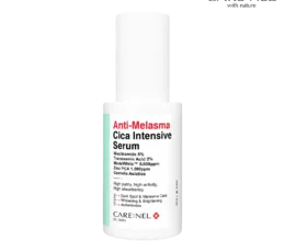 Chai serum mờ thâm nám Carenel Anti-Melasma Cica Intensive 30ml trên nền trắng, nhãn ghi Niacinamide 5%