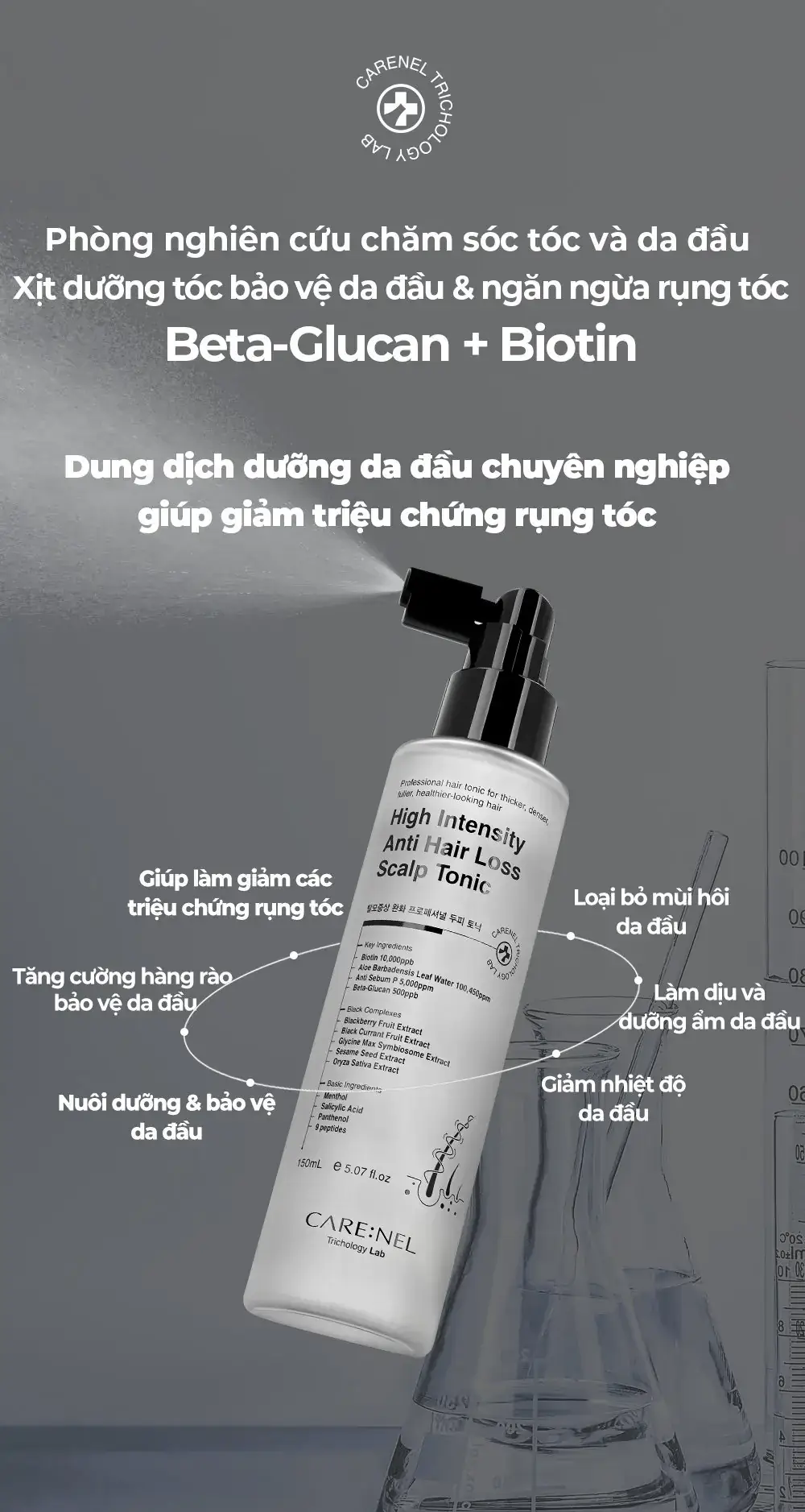 Chai xịt dưỡng tóc Carenel High Intensity Anti Hair Loss Scalp Tonic 150ml chứa Beta-Glucan và Biotin