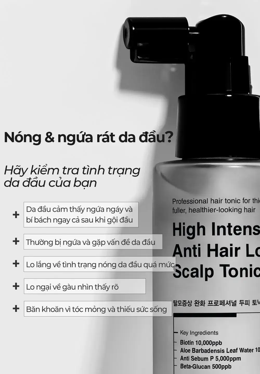 Chai xịt dưỡng tóc Carenel High Intensity Anti Hair Loss Scalp Tonic kèm danh sách dấu hiệu da đầu nóng rát, ngứa, gàu và tóc mỏng thiếu sức sống
