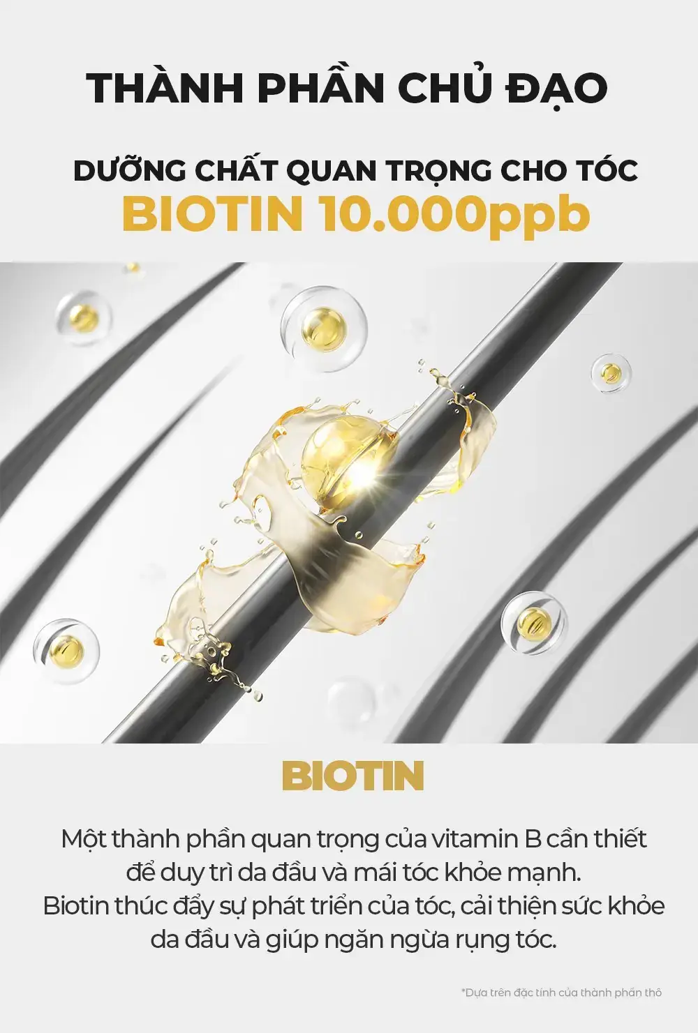 Hình minh họa Biotin 10.000ppb bao quanh sợi tóc, thành phần chủ đạo của xịt dưỡng tóc Carenel High Intensity Anti Hair Loss Scalp Tonic
