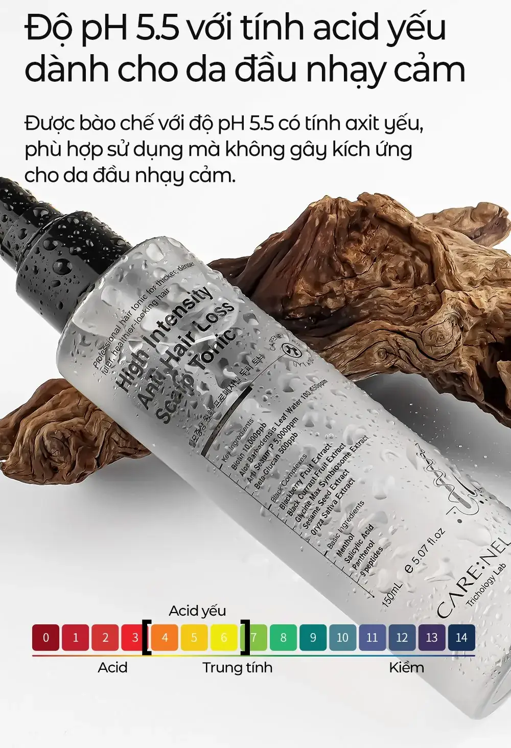 Chai xịt dưỡng tóc Carenel High Intensity Anti Hair Loss Scalp Tonic đặt trên gỗ lũa, thang đo pH nêu độ pH 5.5 acid yếu cho da đầu nhạy cảm