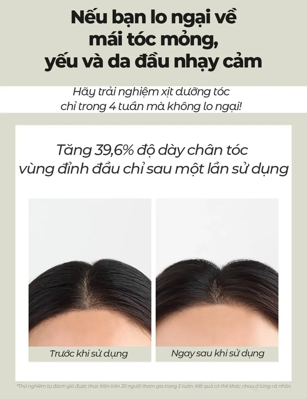 So sánh đường rẽ ngôi trước và ngay sau khi dùng xịt dưỡng tóc Carenel High Intensity Anti Hair Loss Scalp Tonic, chân tóc vùng đỉnh đầu dày hơn